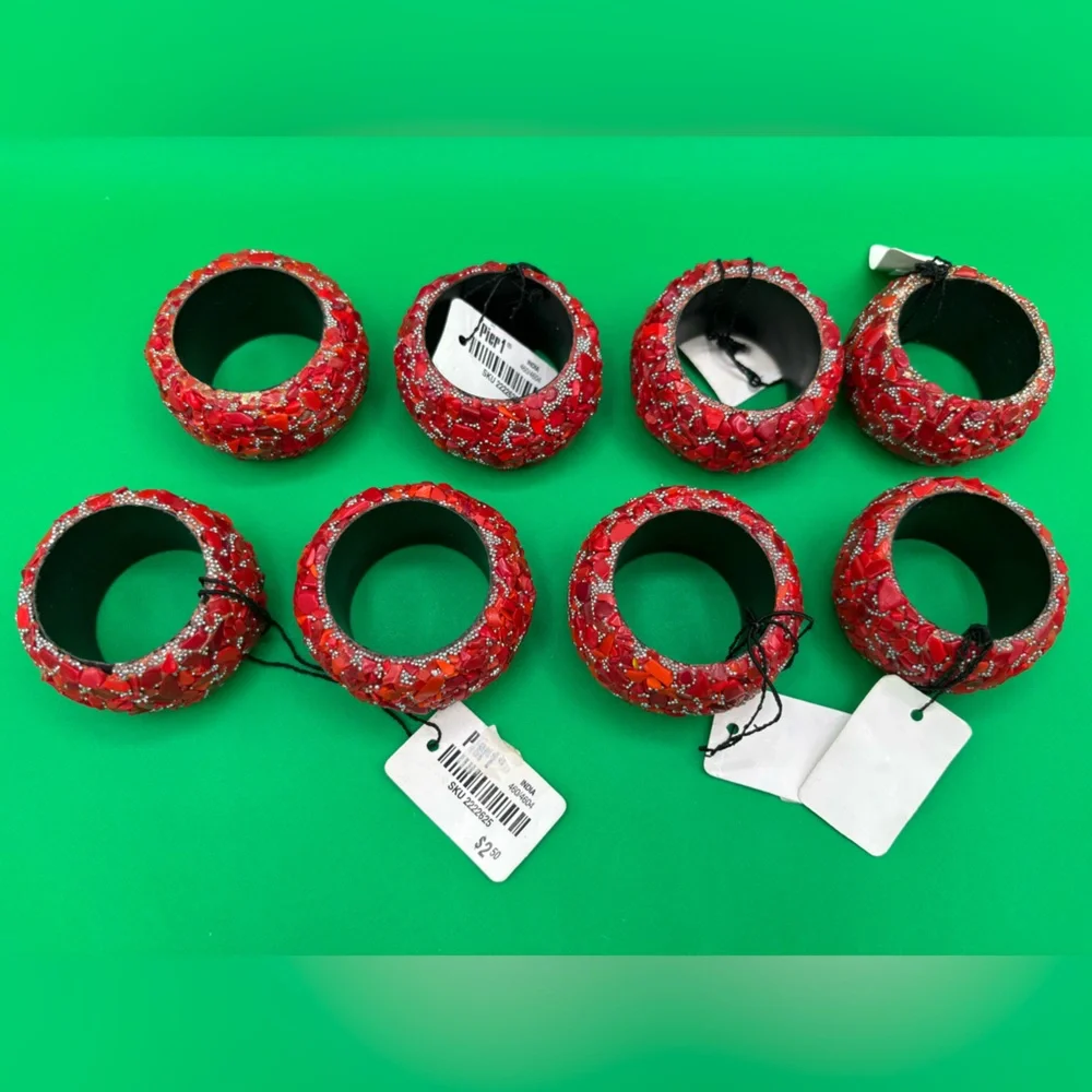 NWT Pier 1 Imports Red Mosaic Coral Rocks Napkin Rings Set Of 8